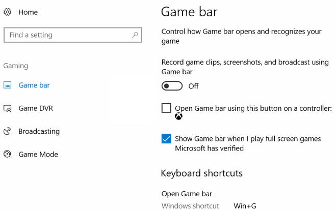 Barra de juegos Windows 10 - Sttings