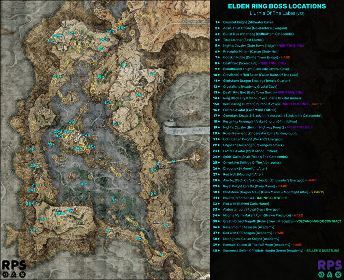Un mapa de Liurnia en Elden Ring, con las localizaciones de cada uno de los encuentros con los jefes marcadas y numeradas.