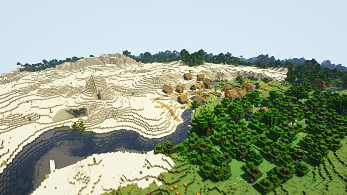 Una captura de pantalla de Minecraft de un paisaje con los sombreadores complementarios activados.