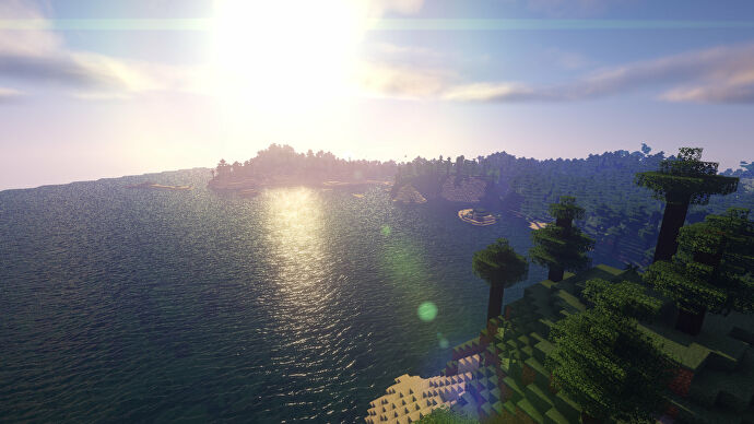 Una captura de pantalla de Minecraft de un paisaje con los sombreadores Beyond Belief activados.