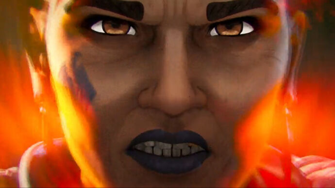 Un primer plano de la cara de enfado de Mad Maggie en el tráiler de lanzamiento de Apex Legends Defiance.