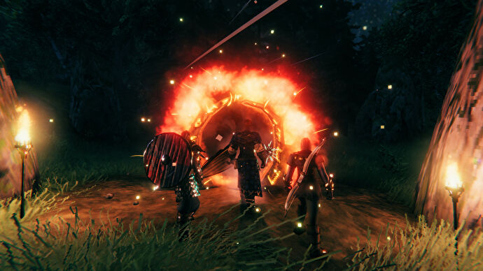 Captura de pantalla de Valheim de tres jugadores armados y acorazados mirando dentro de un Portal.