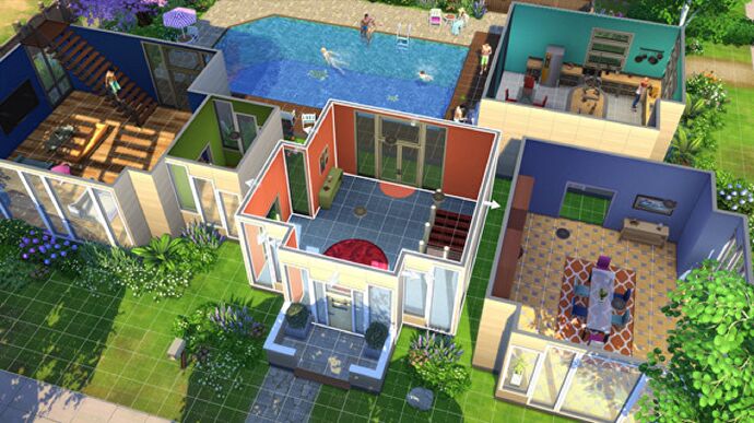 Una casa en Los Sims 4 siendo editada en el Modo Construcción.
