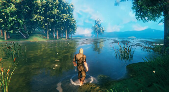 Una captura de pantalla de Valheim en la que el jugador se adentra en el agua y mira el mar.