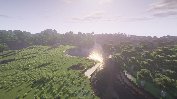 Una captura de pantalla de Minecraft de un paisaje con los shaders BSL activados.