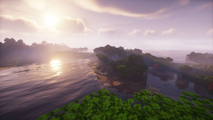 Una captura de pantalla de Minecraft de un paisaje con los Shaders de Chocapic13 activados.