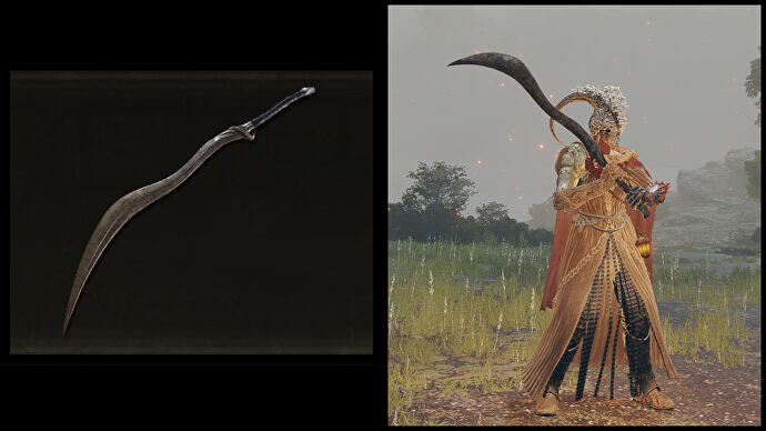 Izquierda: una ilustración del Colmillo del Sabueso de Elden Ring. Derecha: el personaje del jugador sosteniendo la misma arma sobre un fondo de Limgrave.