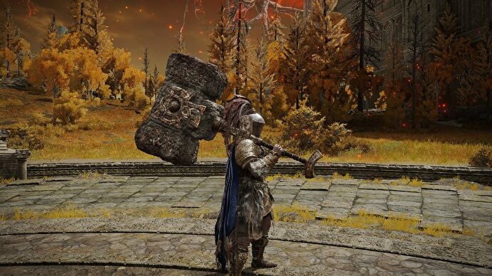 Captura de pantalla del Anillo de Elden en la que se ve al jugador empuñando el arma Aplastador de Gigantes mientras está de pie a un lado