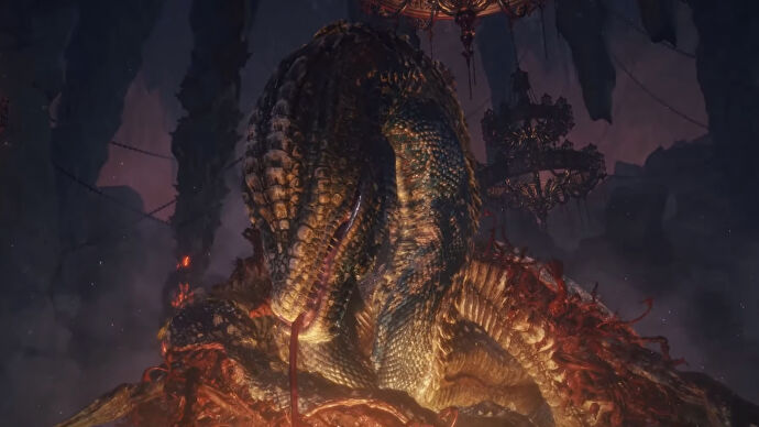 Captura de pantalla de una escena en el Anillo de Elden que muestra a la Serpiente Devoradora de Dios, Rykard, levantándose ante el jugador.
